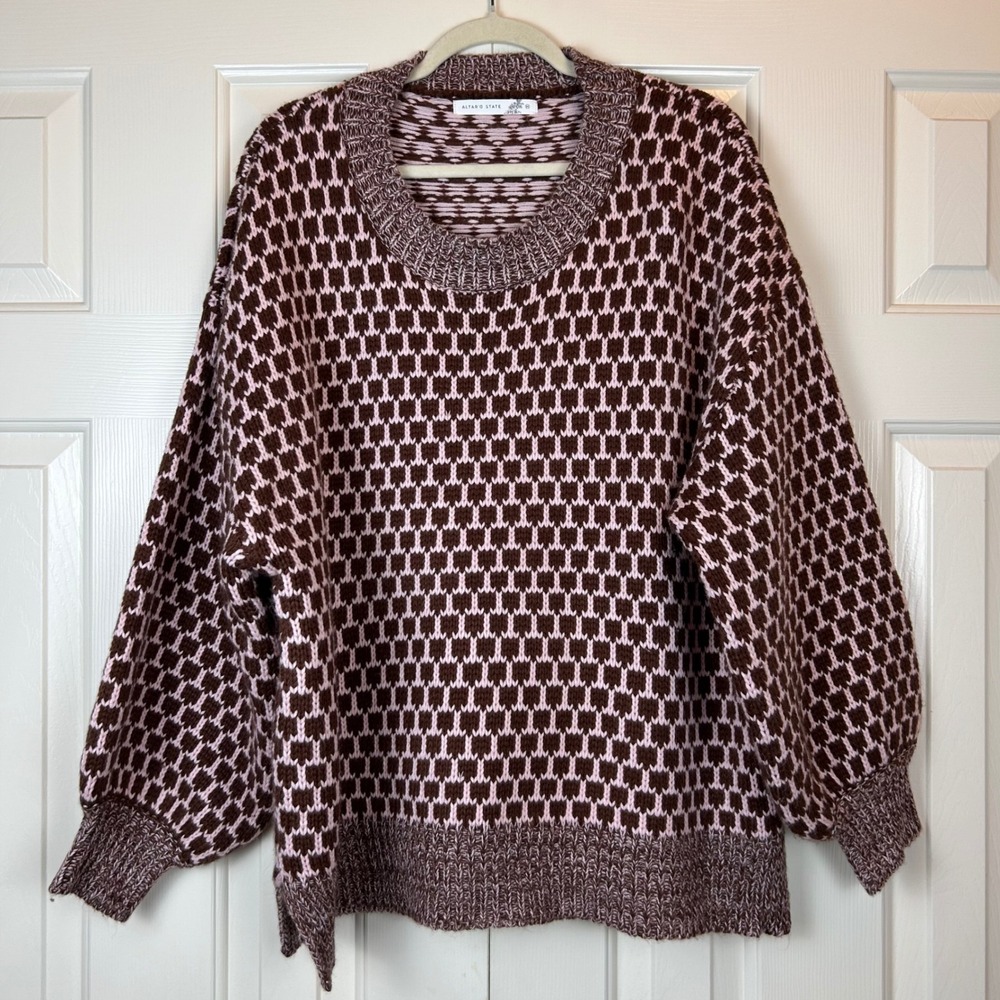 Altar'd State Pink Brown Geometric Knit Oversized Sweater Medium